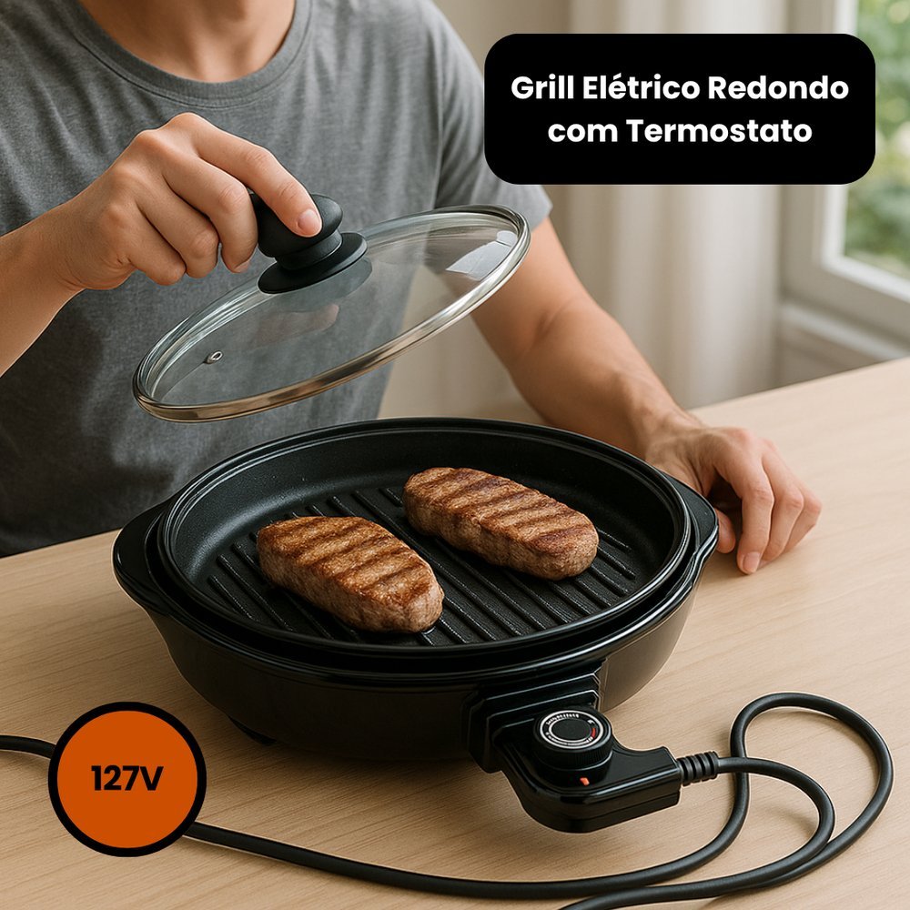 Grill Elétrico Redondo antiaderente Premium com Termostato 127V - Preta churrasqueira com tampa
