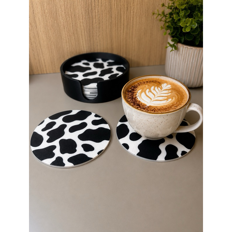 Kit 8 Porta-Copos Estampa Vaca com Suporte | Animal Print