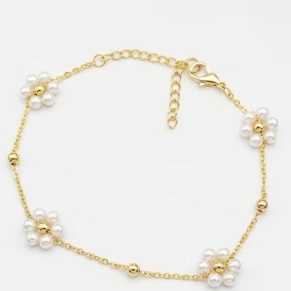 pulseira feminina flor luxo 5 flores zircônias cristal folheado ouro 18k e prata 925 -delicada brilho eterno