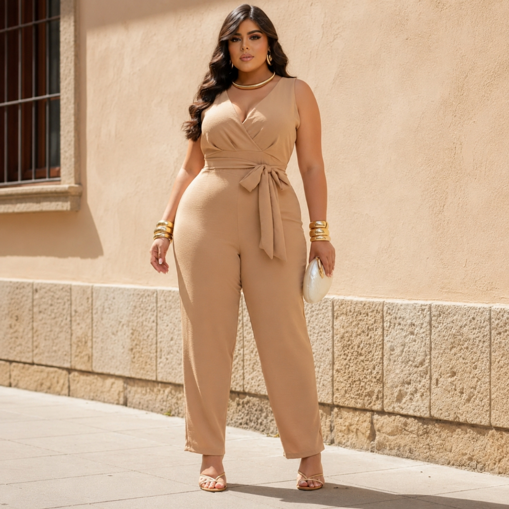 Macacão Longo Feminino Plus Size Duna Premium Decote V Transpassado Elegante Confortável