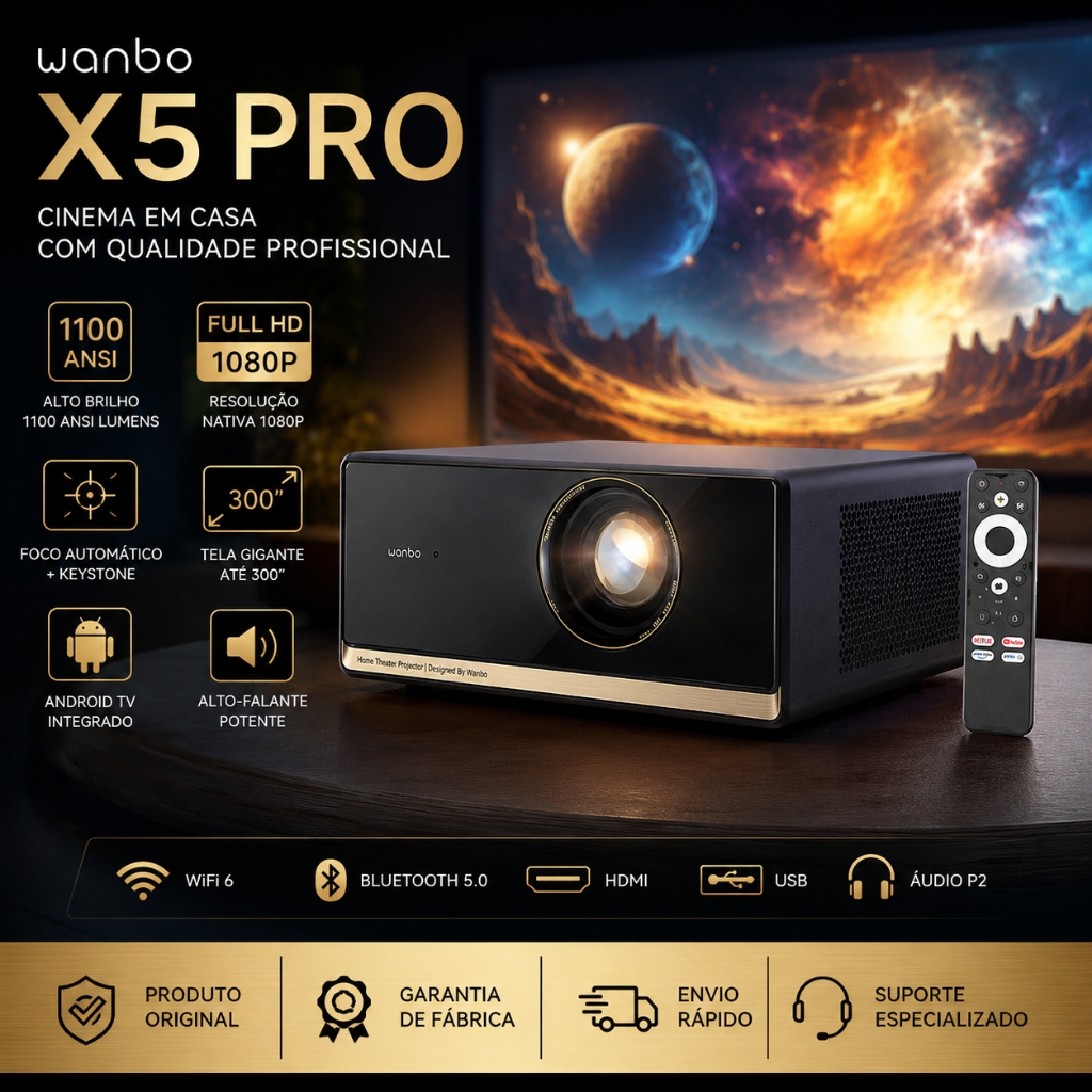 Projetor Inteligente Wanbo X5 Pro 2026 1100 ANSI 1080P Nativo Suporte 4K HDR Google TV Ne…