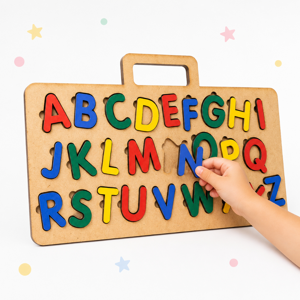 Tabuleiro Brinquedo Letras Educativo Quebra Cabeça Alfabeto Infantil Em MDF Colorido Maleta