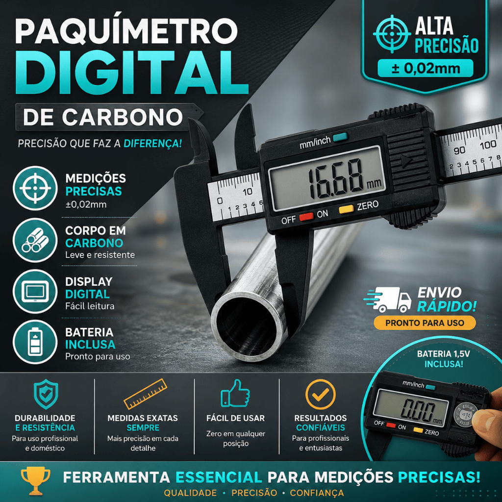 Paquímetro Digital Carbono – Alta Precisão Com Bateria Incluída -CH