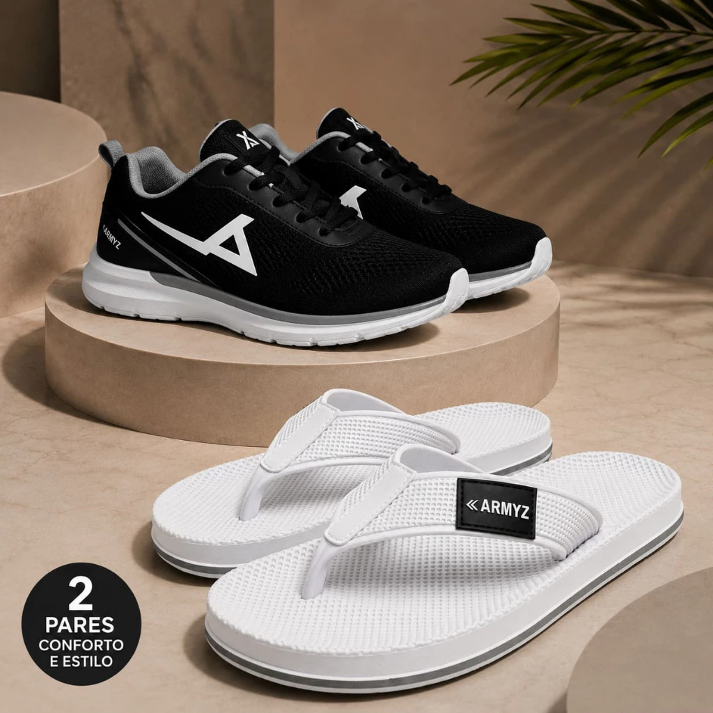 Kit Tênis Esportivo + Chinelo Masculino Leve Confortável Caminhada Academia Casual
