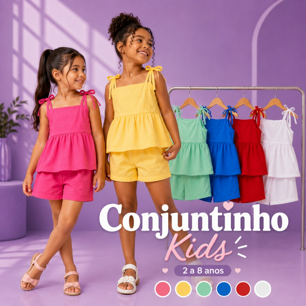 Conjunto Infantil Feminino Verão Blusa de Alça com Laço Short Confortável Conjuntinho menina babado