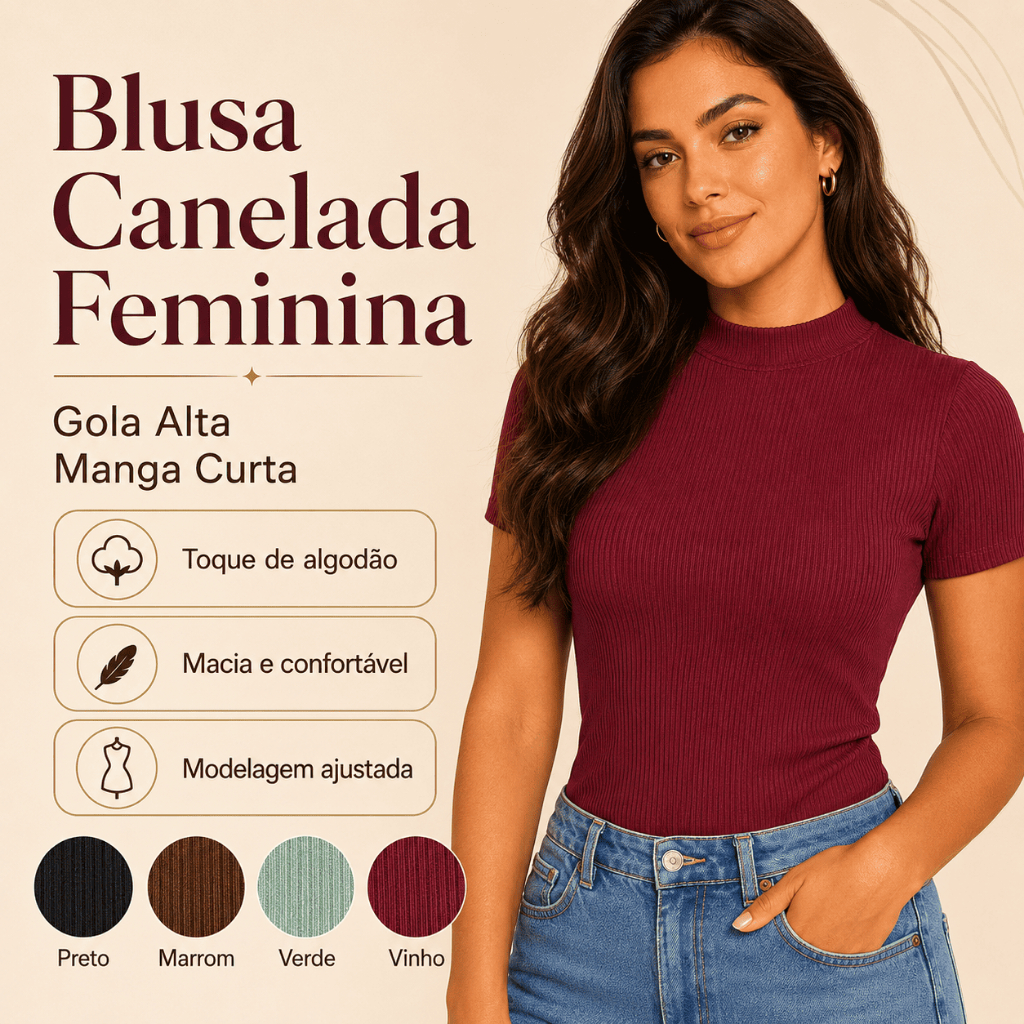 Blusa Feminina Canelada Gola Alta Manga Curta Básica Ajustada Confortável