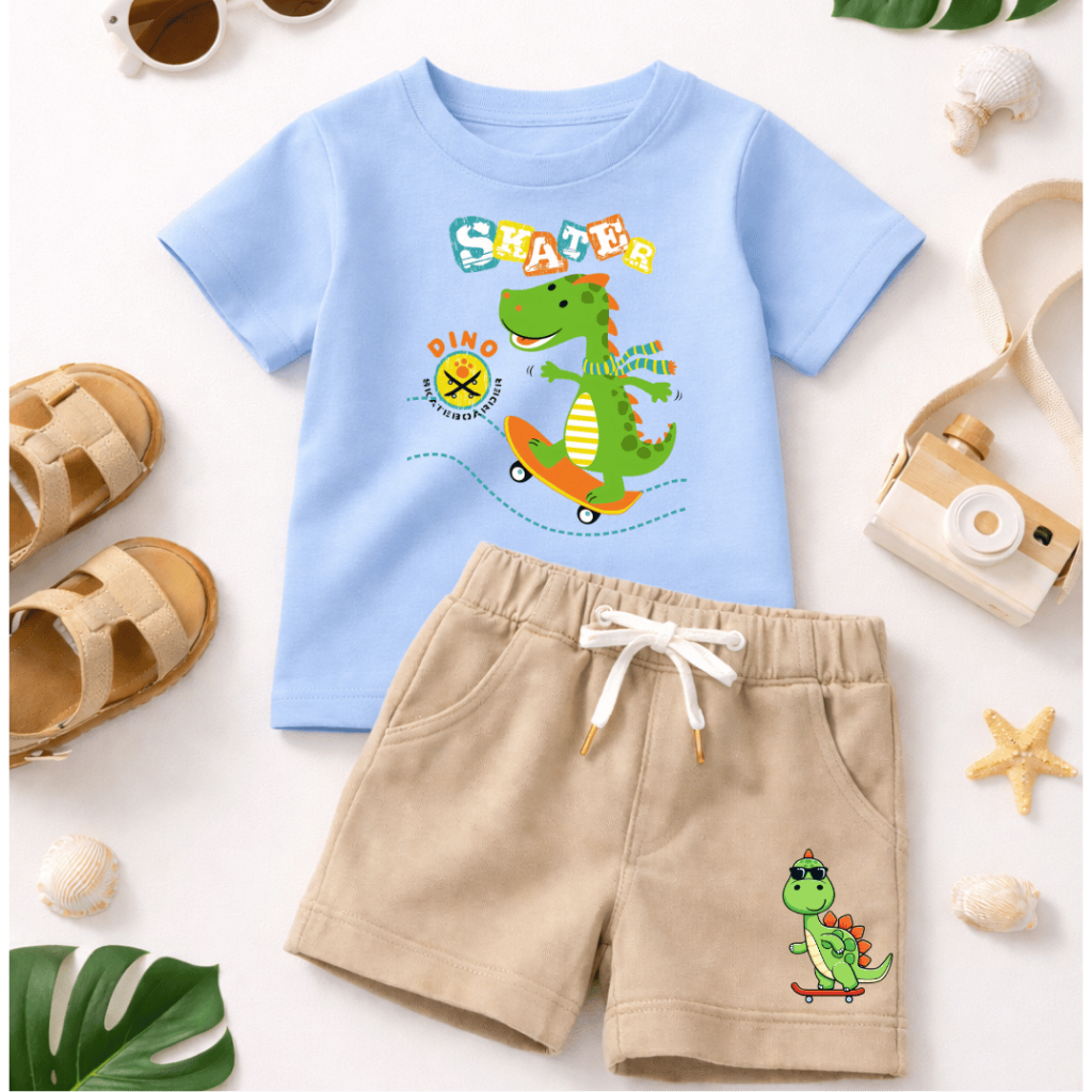 Conjunto Infantil Dino Skate - Conjunto de Menino Estilo StretWear - Camiseta 100% Algodão e Short Moletinho - Conforto