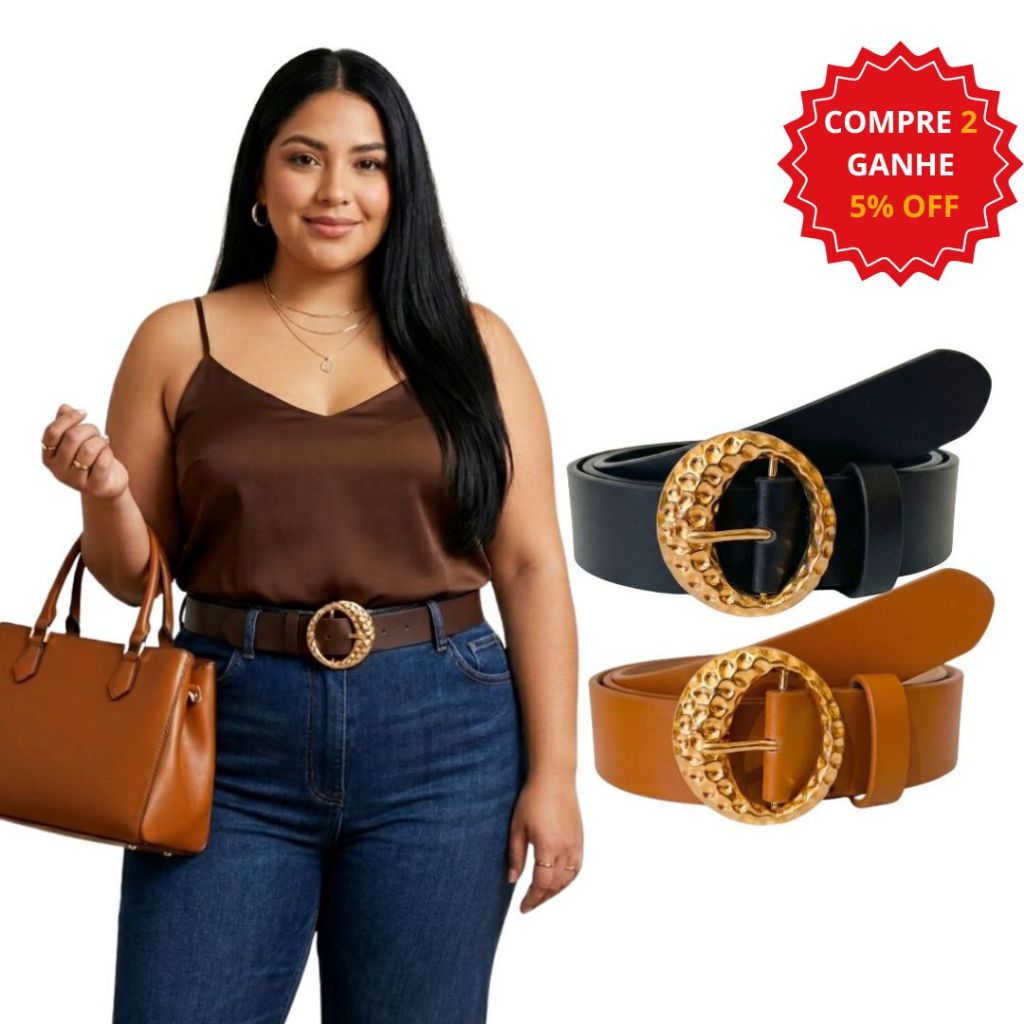 KIT 2 Cintos Femininos Fivela Dourada Elegante Casual da Moda 2.2cm PP ao Plus Size G3 - Bruna
