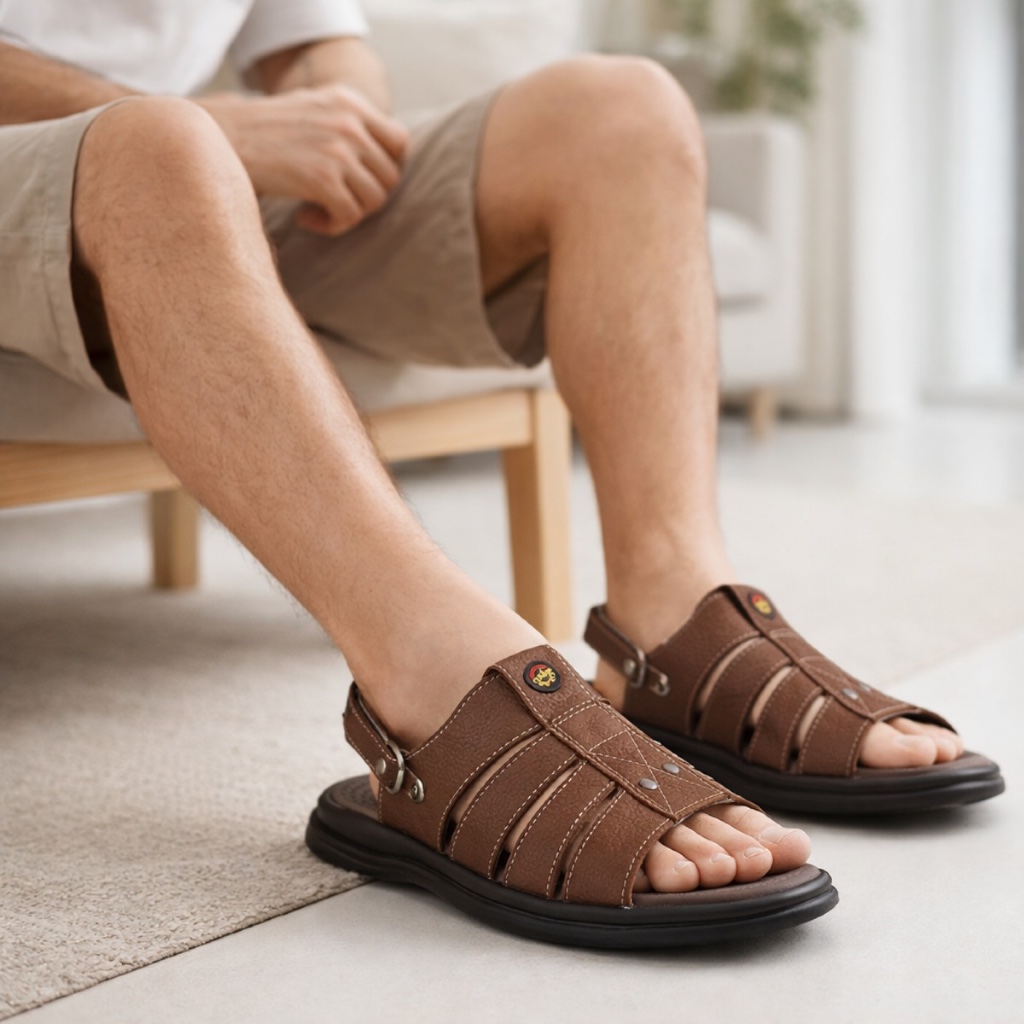 Sandália Chinelo Preta e Café Masculina Couro Legítimo Confortável Ortopédica Antiderrapante Original