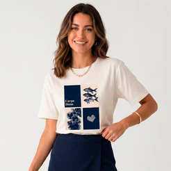 T-shirt Feminina Off White Azul Marinho Estampa Carpe Diem Em Malha 100% Algodão Confortável