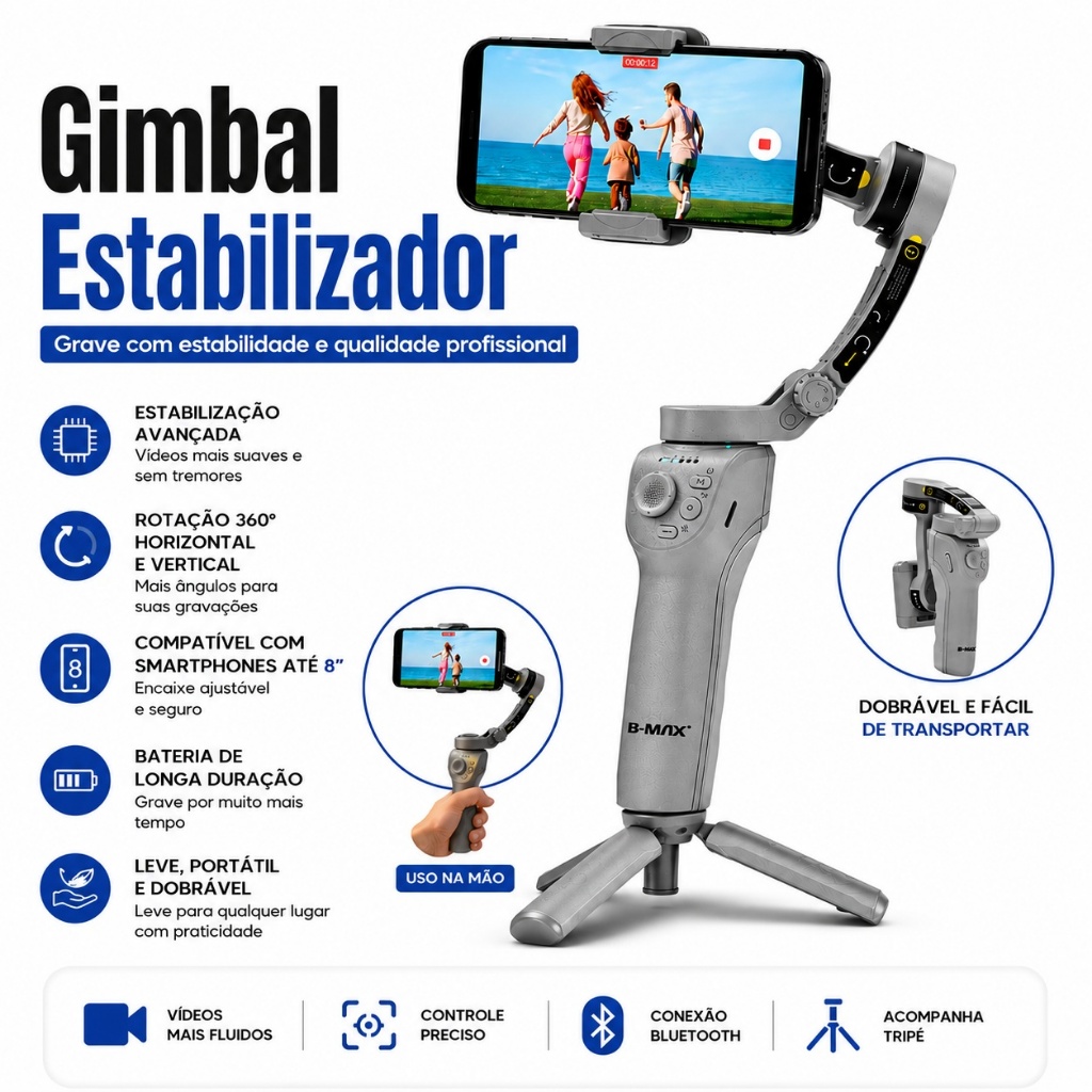 Estabilizador de Celular Gimbal Portátil com Rastreamento Facial IA Tripé para Vídeos Lives Selfies