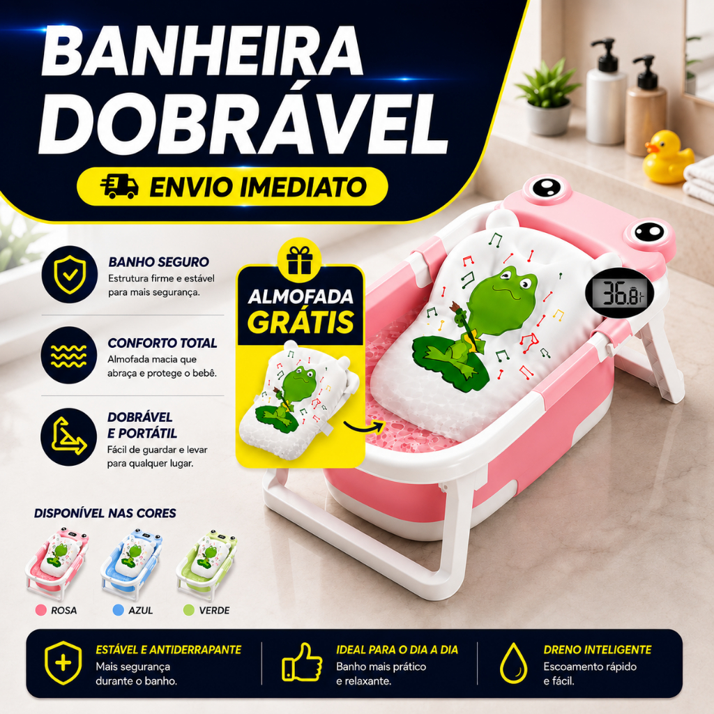 Banheira Bebê Dobrável Portátil Com Termômetro Compacta Segura Divertida Temática Infantil