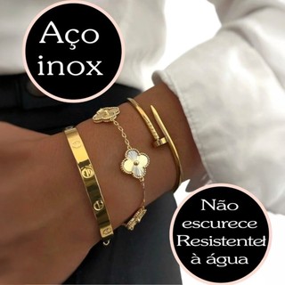 Conjunto de Pulseiras Prata E Dourado Aço Inoxidável Blogueira Tendência Conforto Charme Elegância Moda