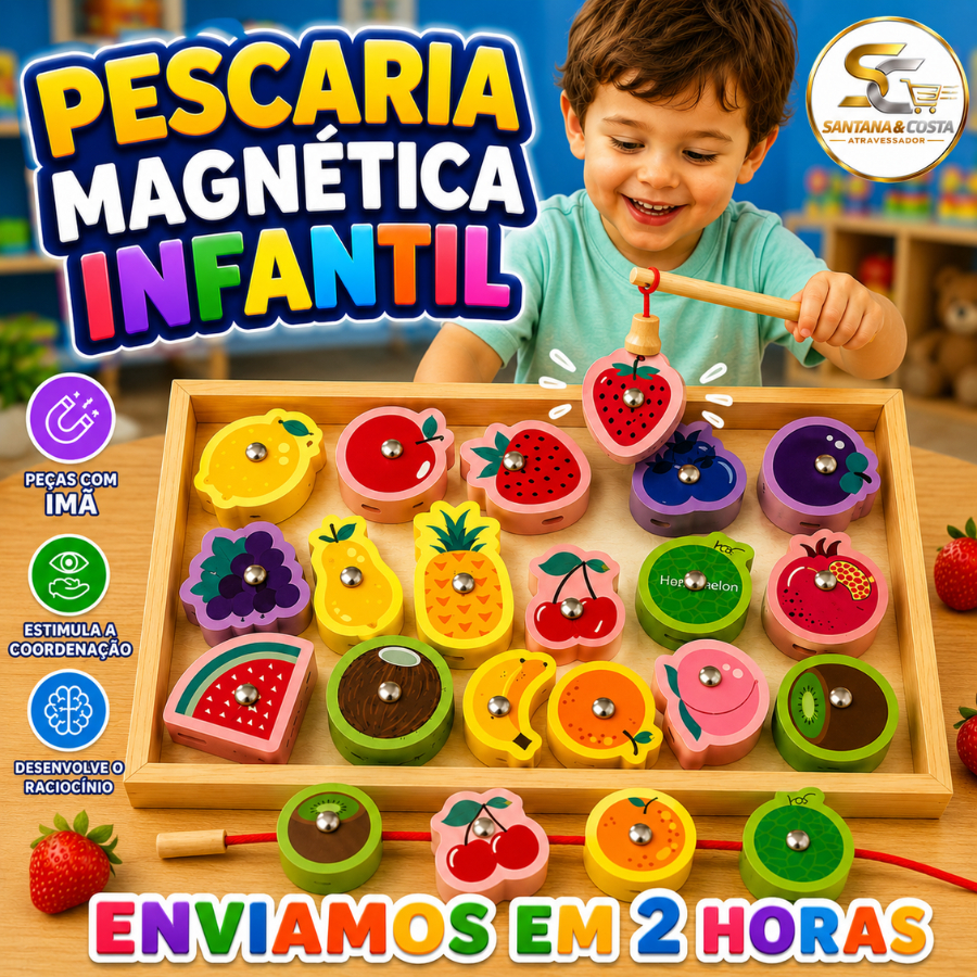 Pescaria Magnética Brinquedo Infantil Montessori de Madeira Educativa Formas Colorida Coordenação Motora Menino e Menina