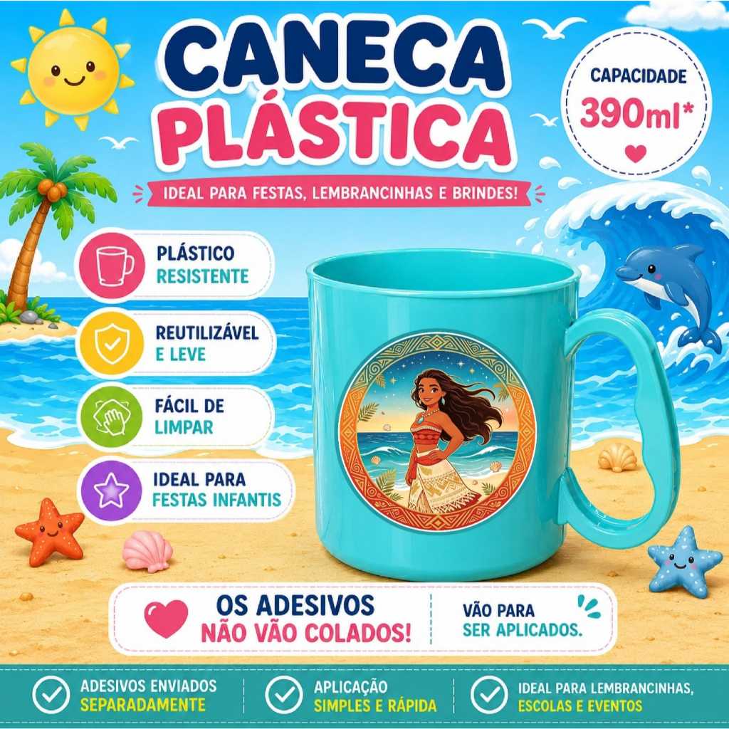 Caneca Plástica Moana 390ml Personalizada Kit 6 a 30 Unidades Lembrancinha Festa Infantil Aniversário Decorada