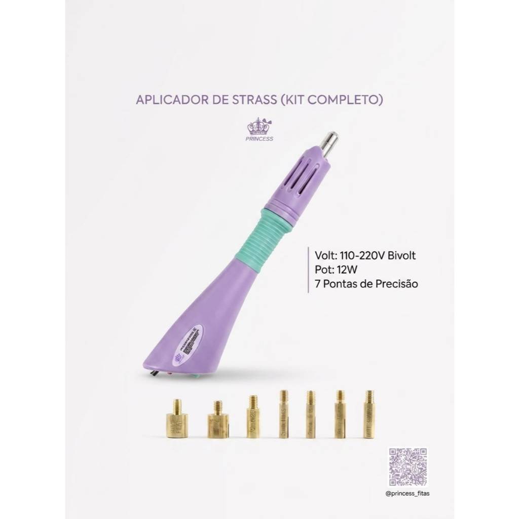 Aplicador De Strass Hotfix Princess Bivolt Profissional + 7 Ponteiras Kit Completo Aplicadora De Pérolas E Cristais