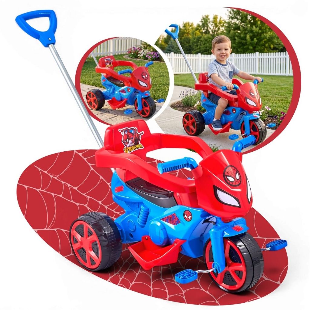 Triciclo Homem Aranha Super Herói Andandor Infantil Empurrador Motoca Criança