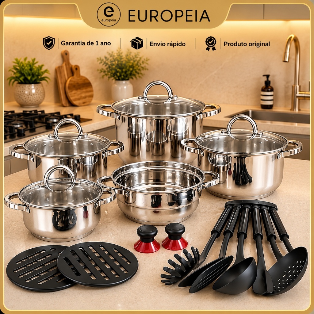 Jogo de Panelas Genebra Kit 19 Peças de Aço inoxidável fundo Triplo + Acessórios