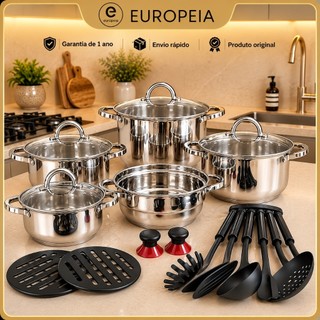 Jogo de Panelas Genebra Kit 19 Peças de Aço inoxidável fundo Triplo + Acessórios