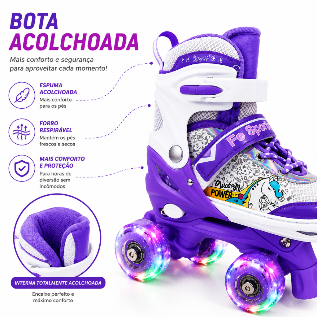 Patins Infantil Unicórnio Premiun Roxo 4 Rodas Ajustável luz de LED Com ou Sem Kit de Segurança — imagem 2 de 2