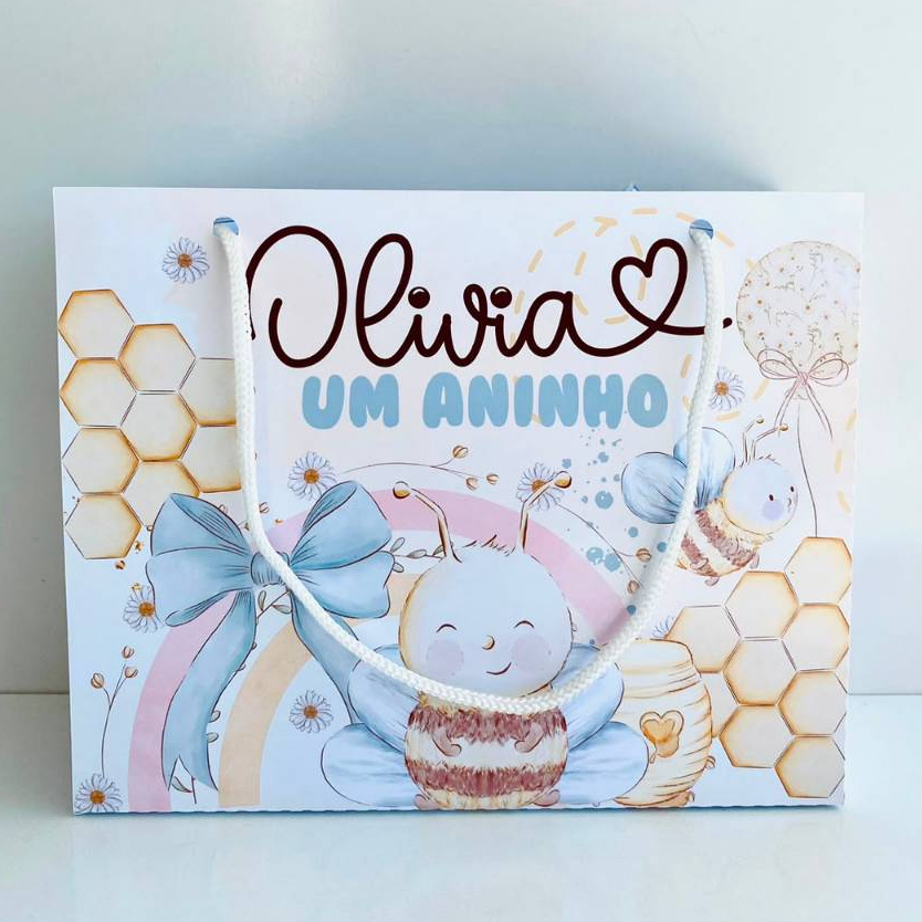 Kit Sacolinha Personalizada Abelhinha Lembrancinha Festa Infantil Aniversário Surpresa 20x15x6cm