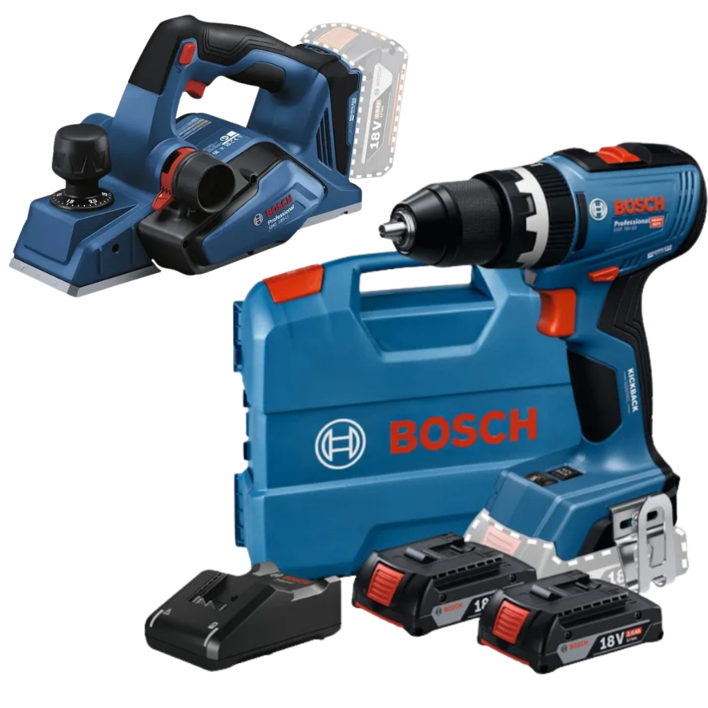 Kit Furadeira Parafusadeira Impacto Bosch GSB 18V-65 Brushless + Plaina GHO 185-LI 18V 2 Baterias 2Ah Carregador Maleta