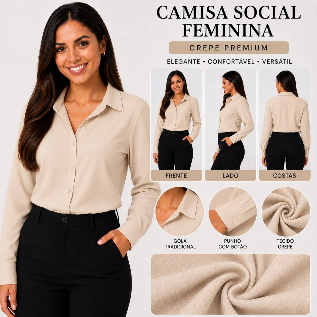 Camisa Social Feminina Manga Longa Elegante Blusa Casual Escritório Moda Feminina Premium Tendência 2026