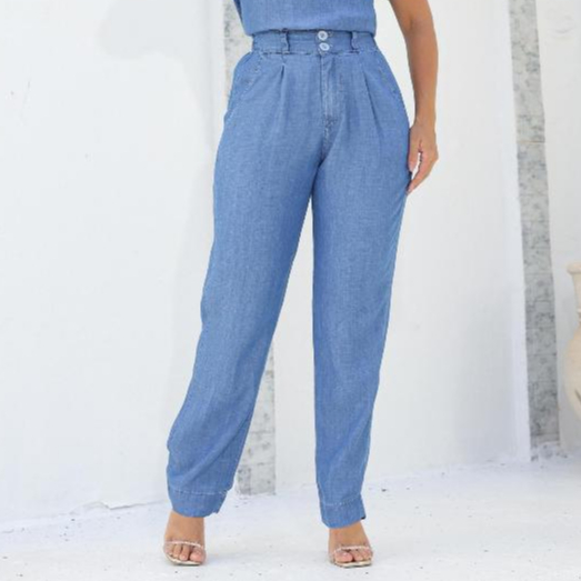 Calça Moda Feminina Elegante Soltinha Jeans 100% Liocel Original com Zíper e Elástico
