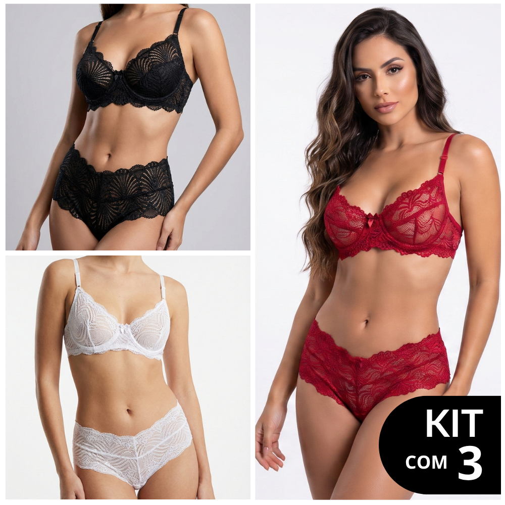 Kit 3 Conjunto Plus Size Sutia Femenino Sutian Sem Bojo Feminina Com Aro Lingerie Sexy Calcinha Shortinho Renda Calesson