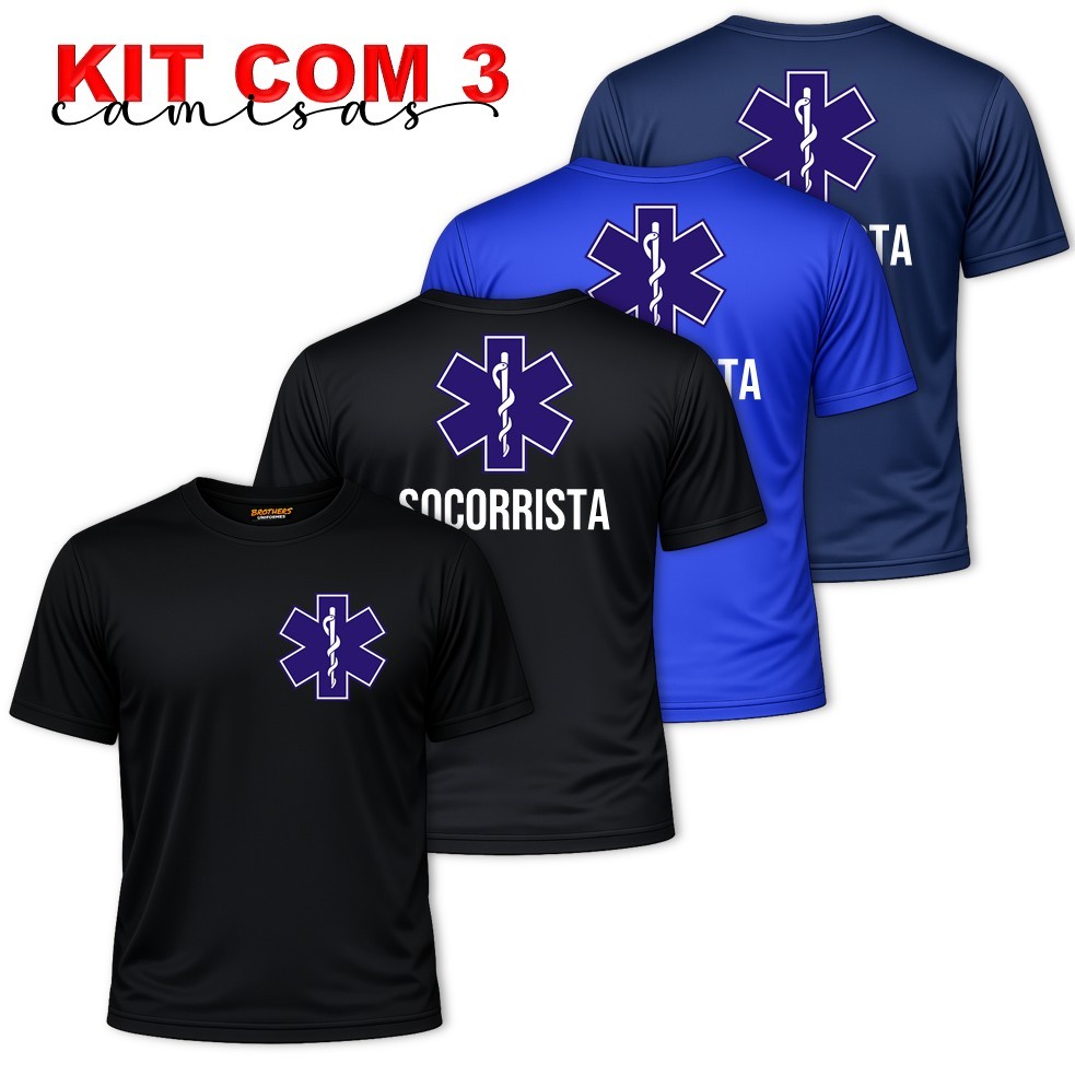 KIT COM 3 Camisas Camisetas Uniforme Profissional Unissex SOCORRISTA Condutor Enfermeiro Agente Saúde Motorista Dry Fit