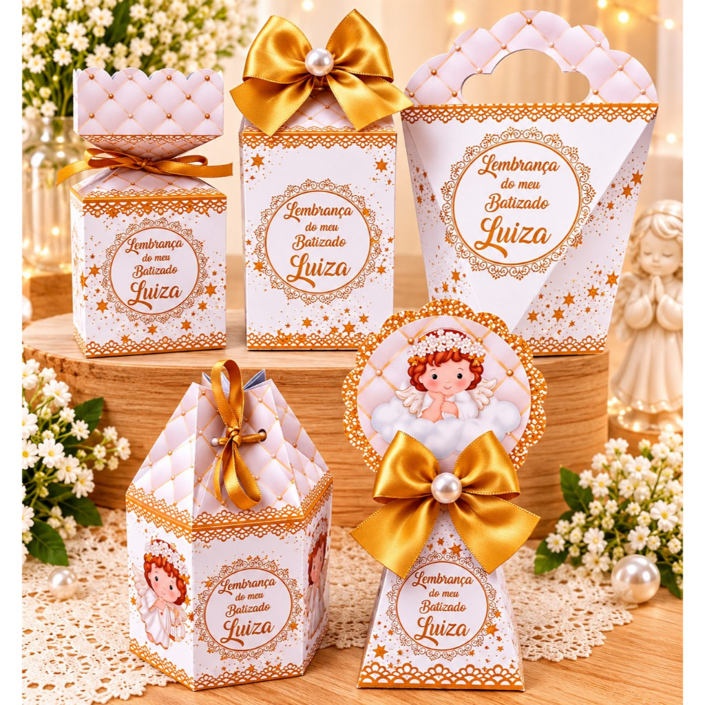 KIT CAIXA FESTA PERSONALIZADA BATIZADO BRANCO E DOURADO MENINA 1.0 ANJINHA MORENA / LEMBRANCINHAS /CAIXINHAS PARA FESTA