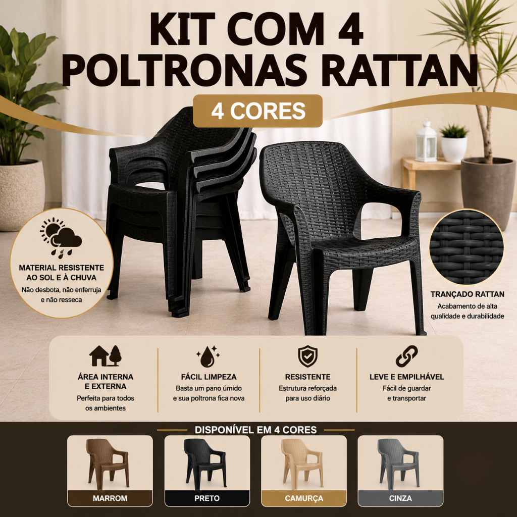Kit 4 Poltrona Rattan Cadeira Reforçada Empilhável Escritório Varanda Piscina Sala Jardim Lazer Casa