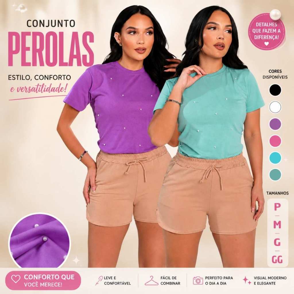 Kit 2 Blusa Feminina 100% Algodão com Pérolas Confortável Estilosa Casual Elegante Blogueira Lisa T shirt Luxo Camiseta