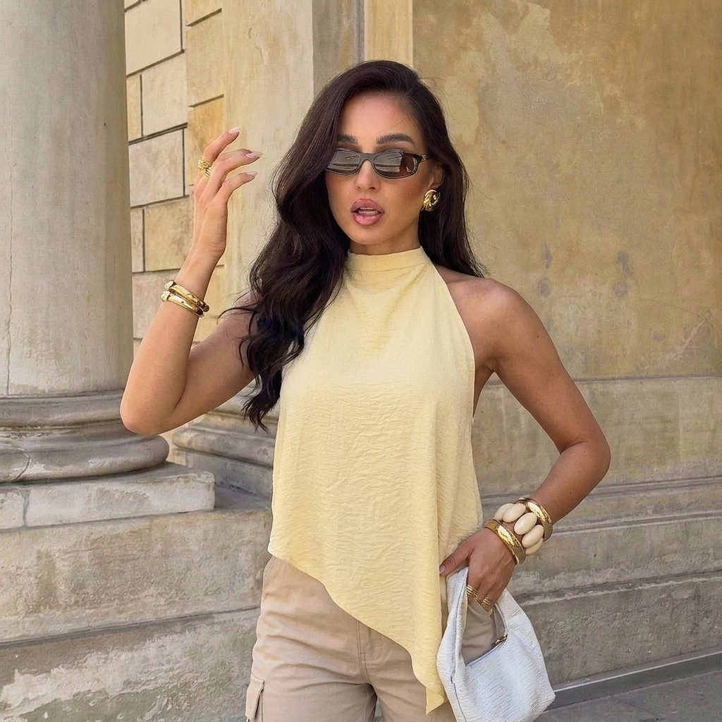 Blusa Feminina Bata Frente Unica Assimétrica Amarração no Pescoço Tecido Crepe Duna Elegante Casual