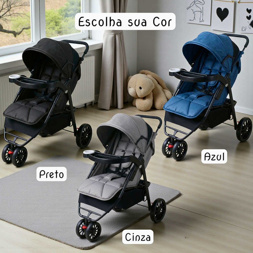 Carrinho de Bebê Passeio Assento Acolchoado Reclinável Até 20kg Com Porta Copos +BRINDE
