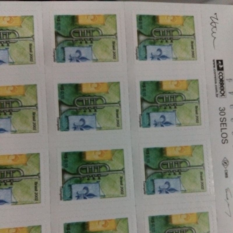 cartela com 30 selos postal para cartas, selo social,  selo trompete