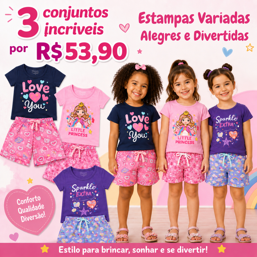 Kit 6 Peças de Roupas Infantil 3 Conjuntos Menina Verão