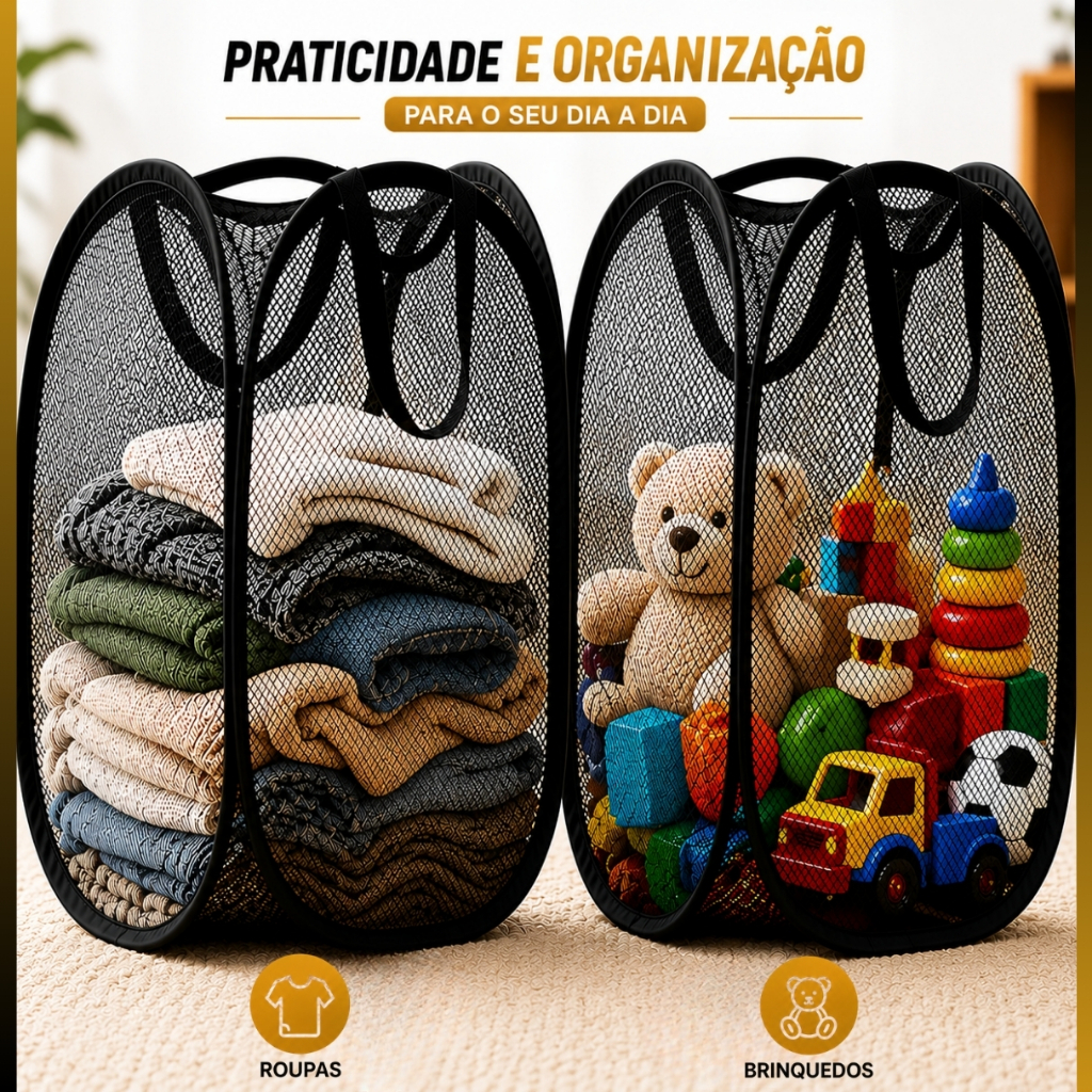 Cesto de Roupa 40x40x70cm Dobrável Organizador Grande Multiuso Lavanderia Banheiro