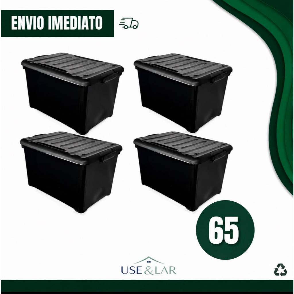 Kit com 04 Caixa Organizadora 65 Litros Com Tampa Travas Rodinhas Reforçada Multiuso Preta
