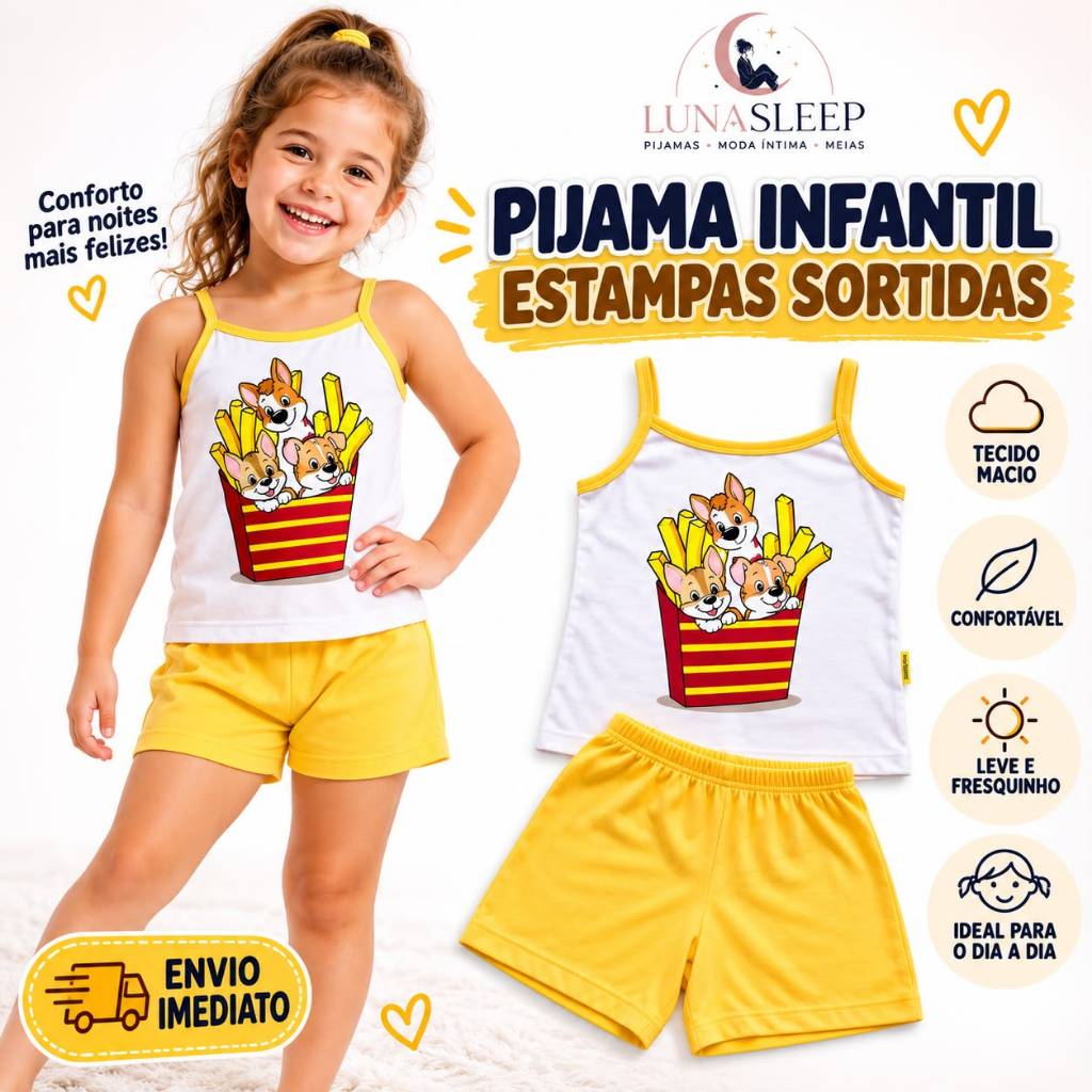 Pijama Infantil Estampa Sortida Kids Menina Criança Estampado Regata Verão Manga Curta Calor Roupa Dormir