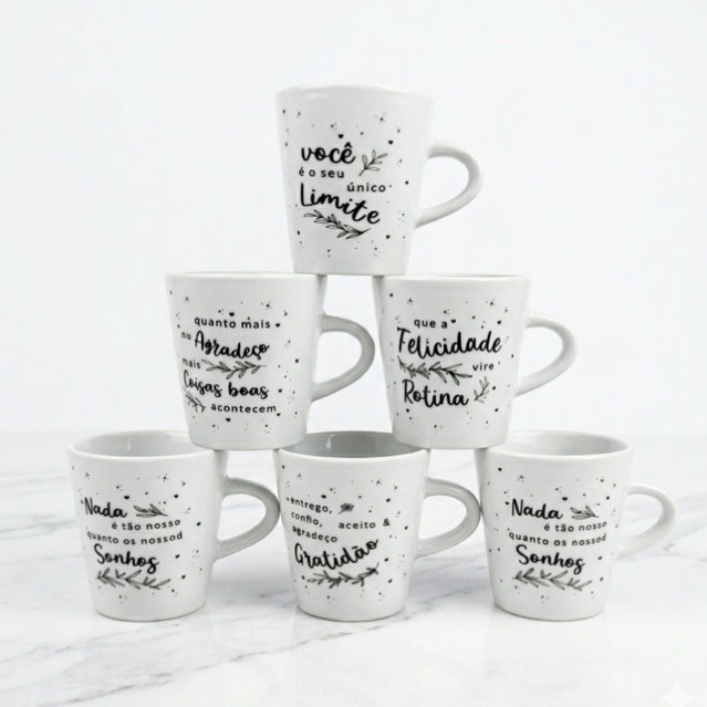 Kit Caneca Cônica 120ml Frases Estrelinha Xícara Chá Café Porcelana Personalizada Desing Sofisticado Presente Elegante