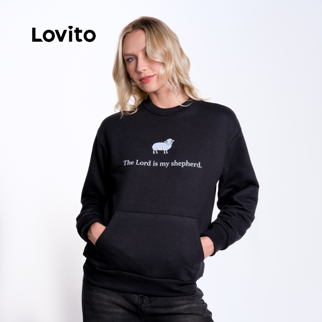 Lovito Moletom Feminino Cristão Estampa Ovelha The Lord Is My Shepherd Casual SRB17801810 · foto 2