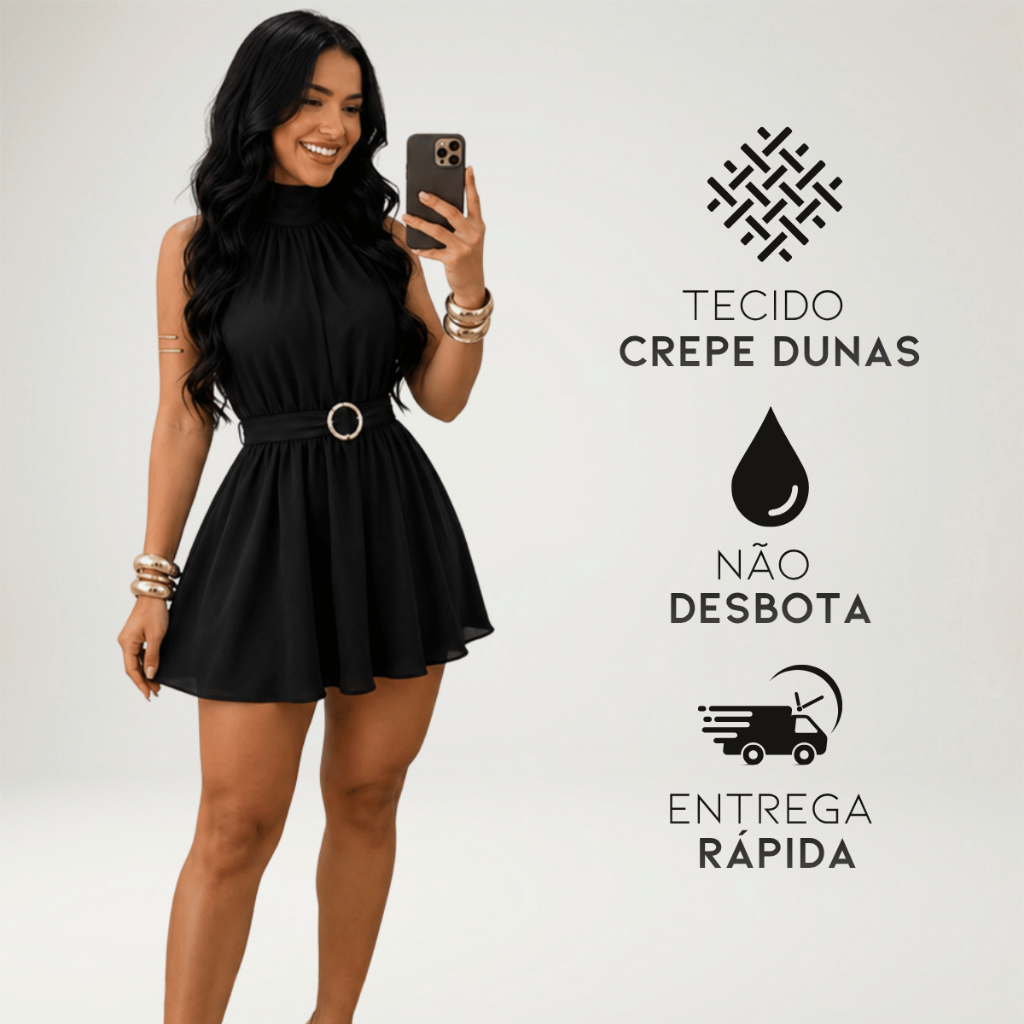 Vestido Feminino Curto Gola Alta com Cinto Saia Rodada Elegante para Festas e Eventos