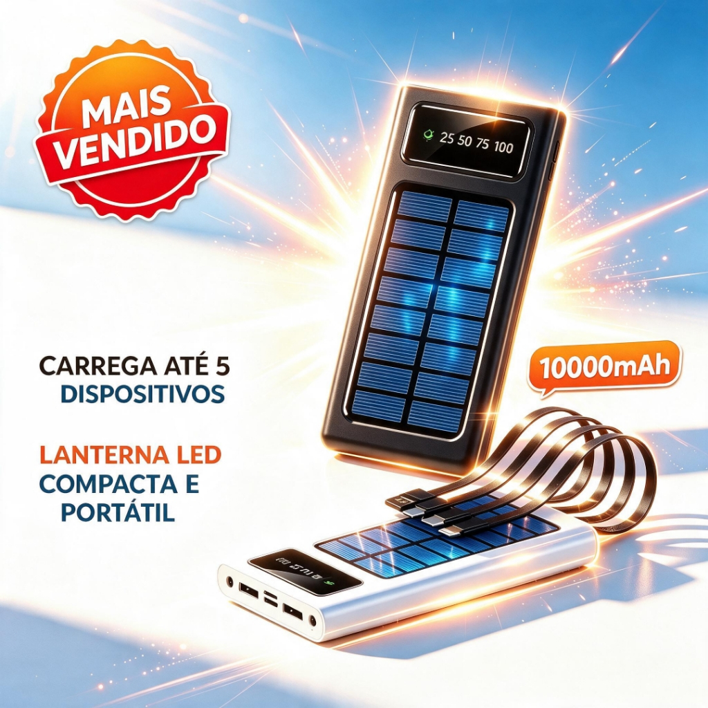Carregador Portátil Solar 10000mAh Com 4 Cabos Integrados - Power Bank Rápido Para Celular Android e iPhone