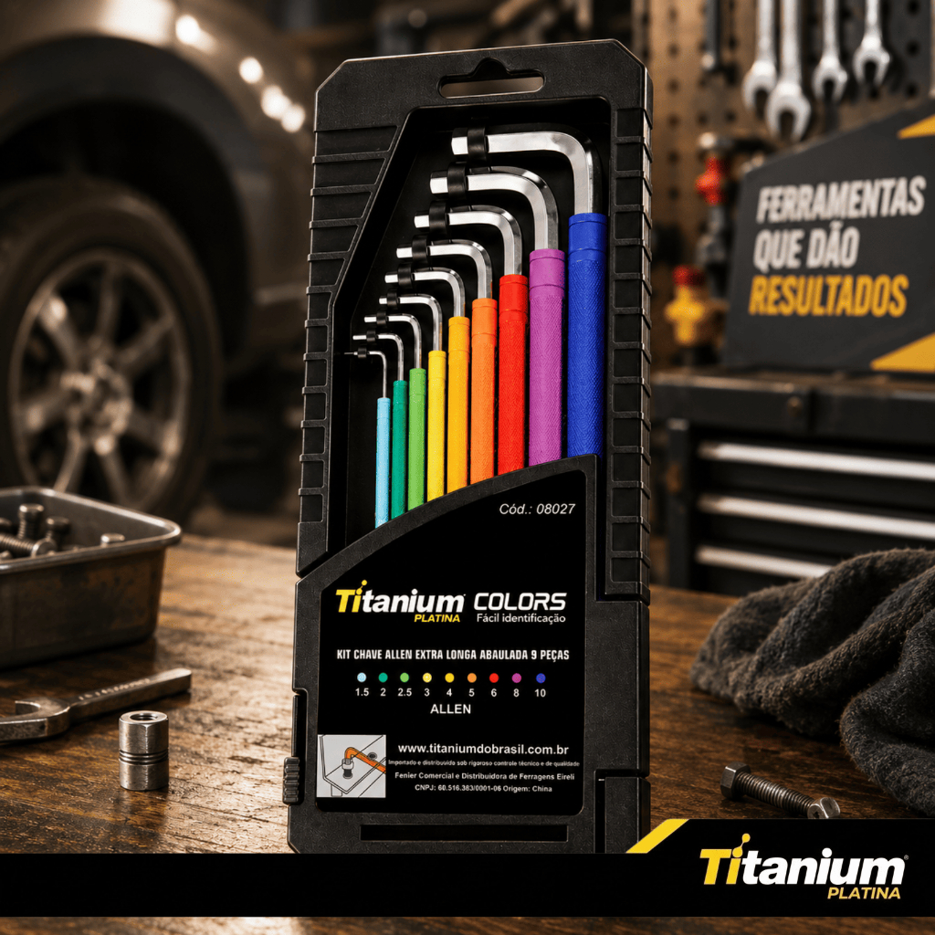 Jogo Kit Chaves Allen Extra Longa Abaulada 9 Peças CRV Colorida Com Estojo Titanium Platina