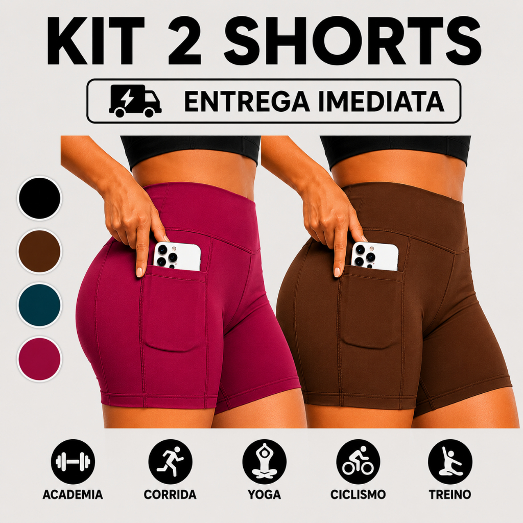 Kit com 2 Shorts Femininos Academia Suplex Premium com Bolso