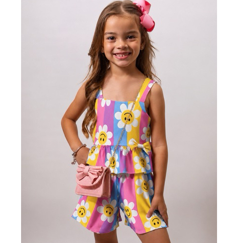 Conjunto Infantil Feminino Verão Blusa e Shorts Estampado Tecido Leve Tamanho 2 ao 6
