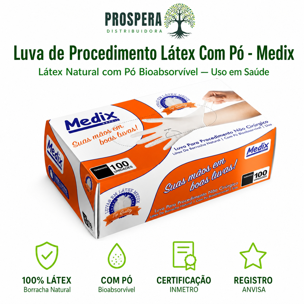 Kit c/ 100 Luvas Descartáveis De Látex Com Pó Medix - Tamanhos P, M, G - Uso em Saúde - Com Registro Anvisa Inmetro