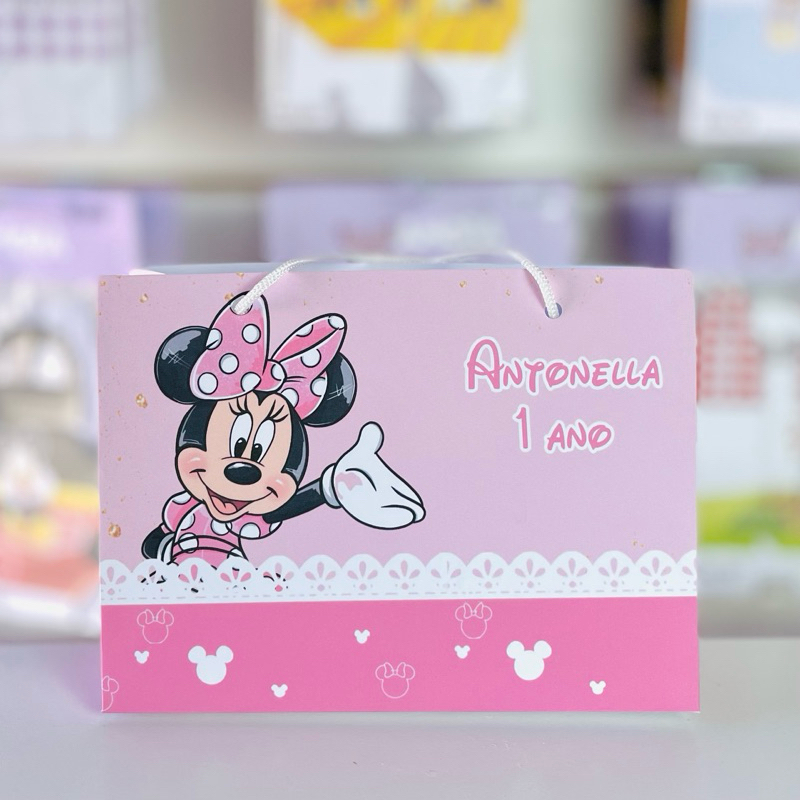 Sacolinha Personalizada Minnie aquarela c/ nome e idade | desmontada | Lembrancinha Festa Infantil
