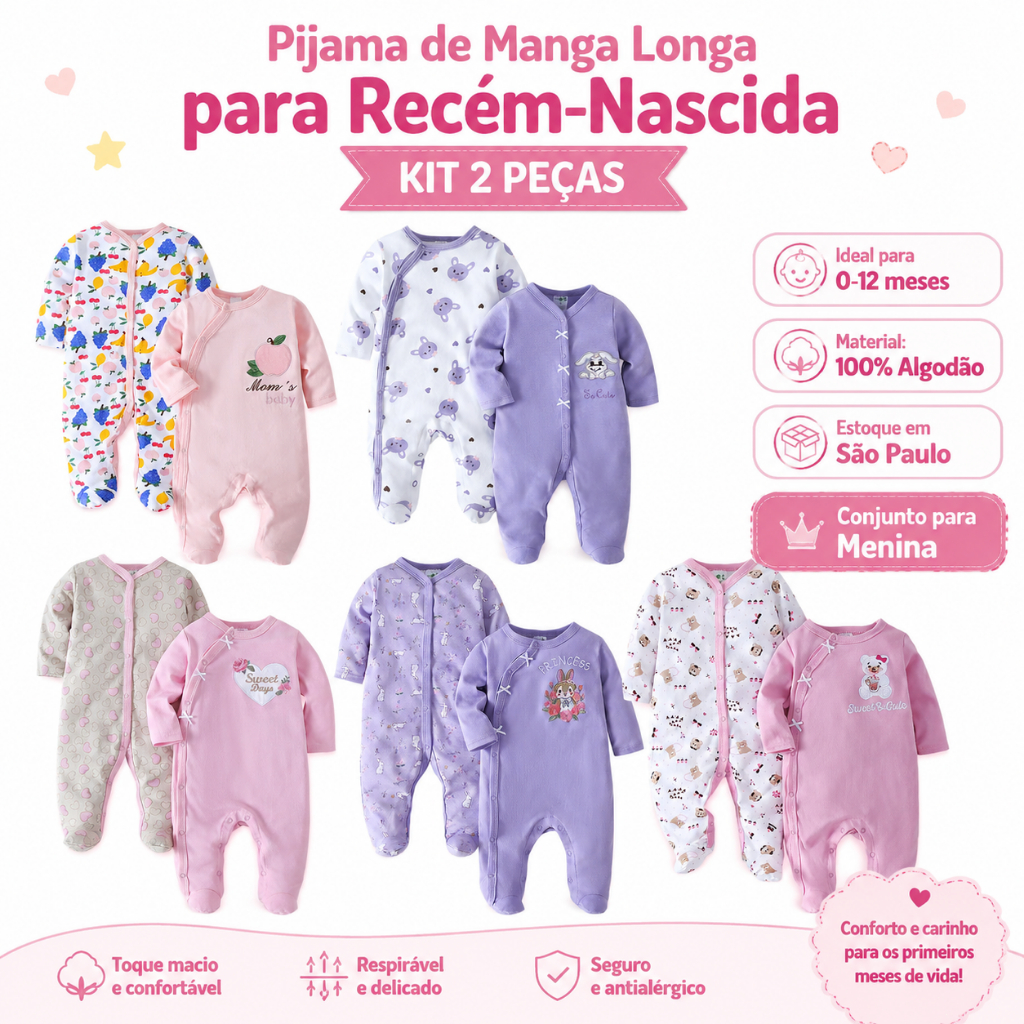 Payifang Conjunto Pijama Bebê Menina 2 Peças 100% Algodão 0-12 Meses Roupa Infantil Macia Macacão Estampado
